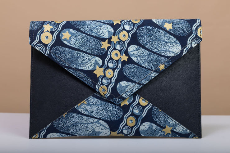 BY M.A.R.Y Accessories Blue and Golden Flowers; Gamila Clutch - Blue and Golden Stars