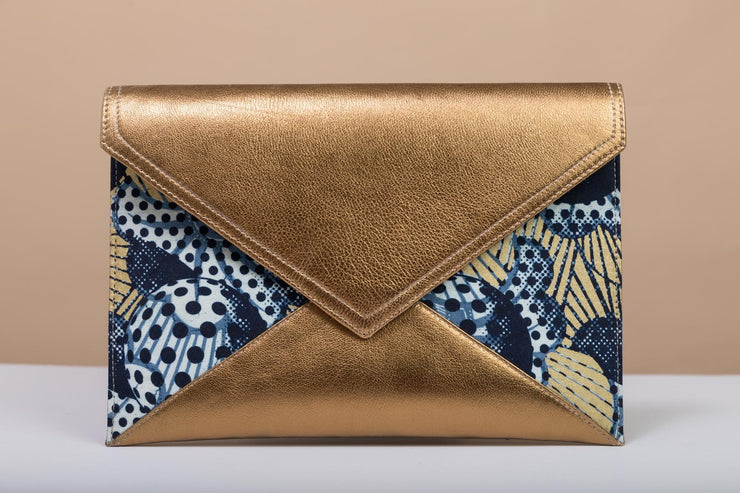 BY M.A.R.Y Accessories Bronze and Golden Flowers Gamila Clutch - Blue and Golden Stars