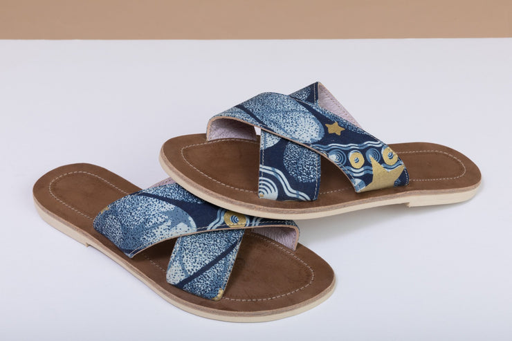 BY M.A.R.Y Shoes Blue and Golden Stars / 37 Sandals - Blue and Golden Flowers